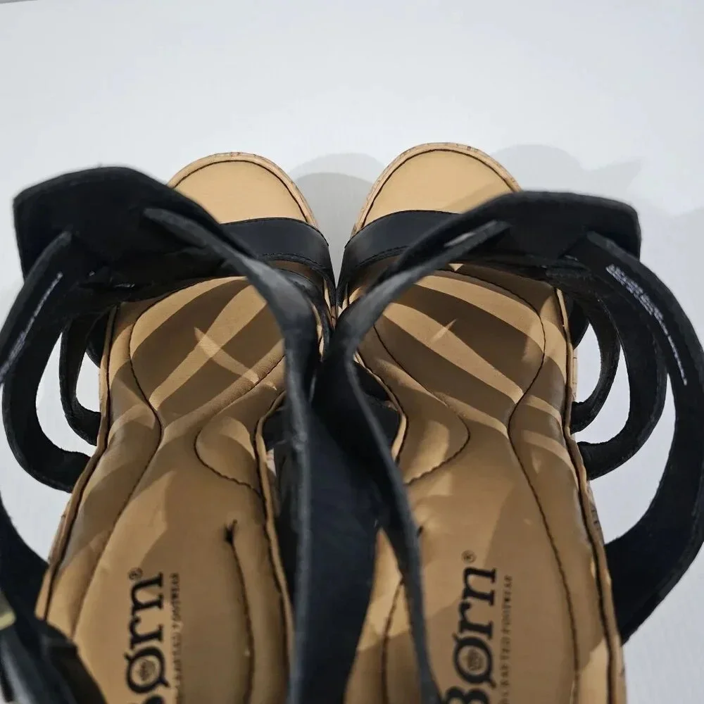 Born Bernese Cage Cork Wedge Sandal Womens 10 Black Leather Summer Platform - Picture 10 of 13